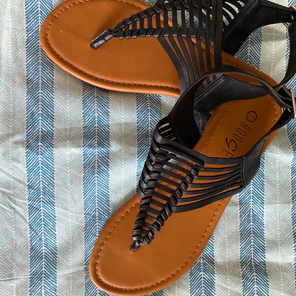 Black and brown sandals, brand new, size 7.5